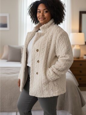 SHEIN Cream Cable Sherpa Button Jacket